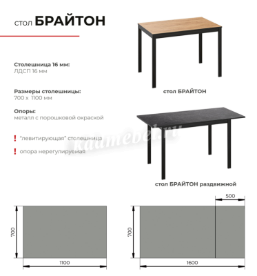 Стол обеденный Брайтон (Камень темный/Черный)